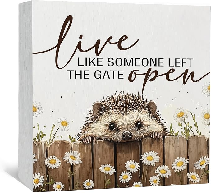 Hedgehog Wooden Box Sign -Rustic Farmhouse Live Like Someone Left the Gate Open Signs for Home Decor, Farm Cottagecore Animal Office Kitchen Bedroom Decor, Hedgehog Gifts for Women, 5x5