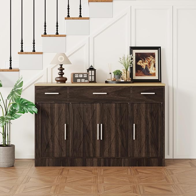 Shintenchi Buffet Cabinet with Storage,53.4" Large Kitchen Storage Cabinet with 3 Drawers and 4 Doors,Wood Farmhouse Buffet Sideboard with Adjustable Shelf for Kitchen Living Room, Brown