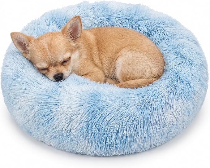 Tiny Dog Bed for Extra Small Dogs for Chihuahua Pomeranian Toy Poodle | 15 Inch Washable Puppy Bed,Soft Faux Fur Calming Donut Bed,Blue and White
