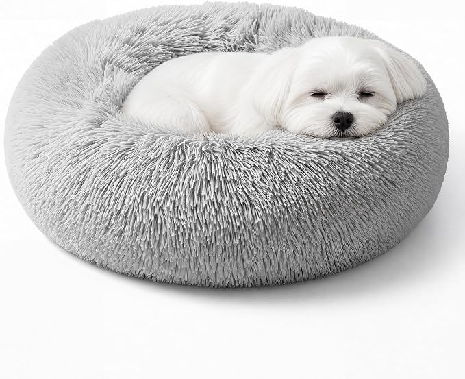 Calming Donut Small Dog Bed for Chihuahua Yorkie Maltese Shih Tzu | 19 Inch Washable Puppy Bed,Ultra Soft Faux Fur Round Dog Bed,Grey