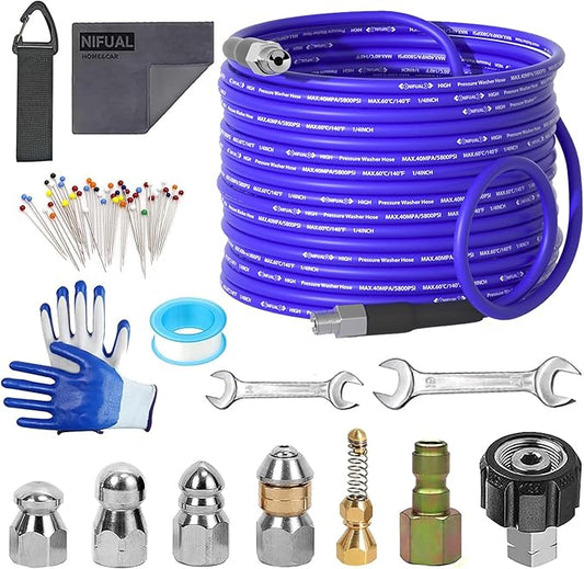 NIFUAL 150FT Sewer Jetter Kit for Pressure Washer, 5800PSI Drain Cleaner Hose 1/4 Inch NPT Corner, Rotating and Button Hose Sewer Jetting Nozzle Waterproof Tape Pearl Corsage Pin Spanner Glove
