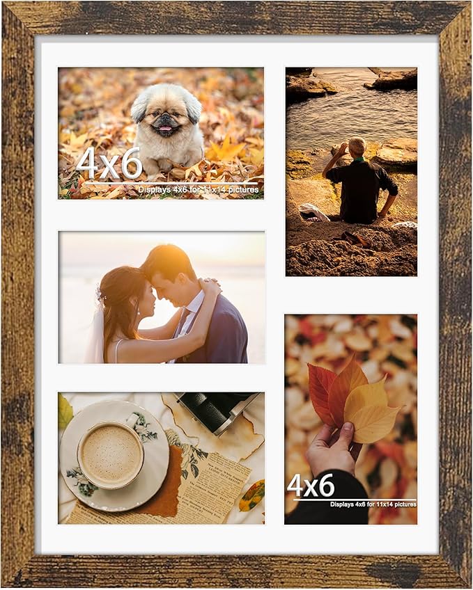 11x14 Collage Picture Frame, 4x6 Collage Picture Frame, Displays Five 4x6 inch Photos, or 11x14 (Without Mat) Wall Decor Wall Hanging or Tabletop, Brown.