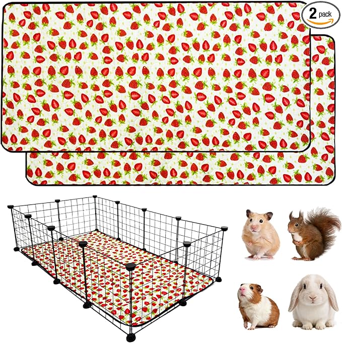 2 Pack Guinea Pig Cage Liners, 24"x48" Washable Waterproof Bedding for Rabbit, Bunny, Hamster & Small Animals, Reusable Super Absorbent Pee Pads for C&C Cage, Strawberry Print