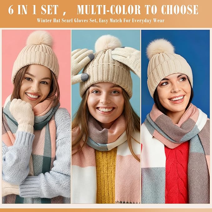 Geyoga 6 Pcs Winter Hat Scarf Gloves Set Knitted Touchscreen Gloves Plaid Scarf Earmuffs Socks Gift for Women Men