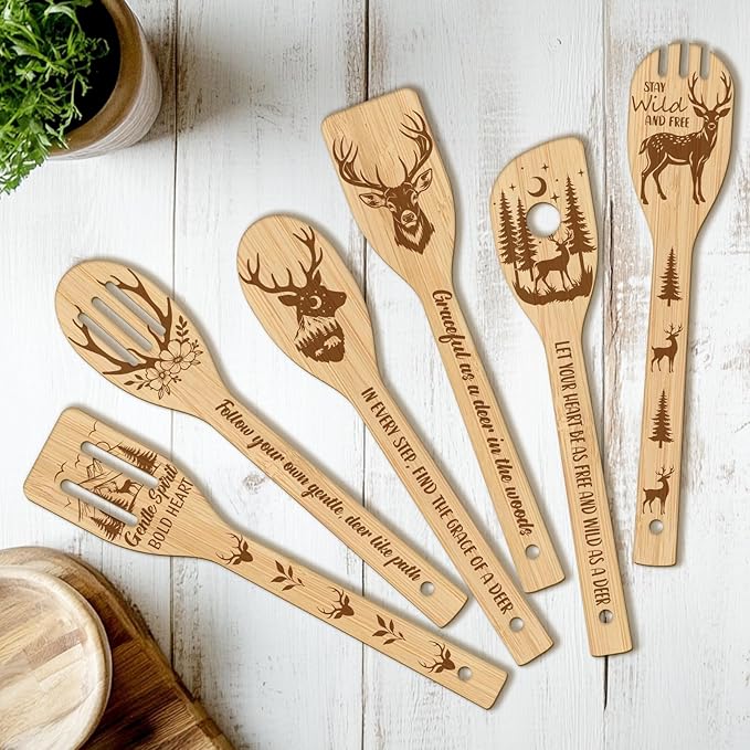 CUTHOLLOW 6PCS Deer Wooden Kitchen Cooking Utensil Set, 11.9in Non Toxic Bamboo Wood Spoon Set for Cooking, Best Housewarming Birthday Thanksgiving Christmas Gift for Women Mother