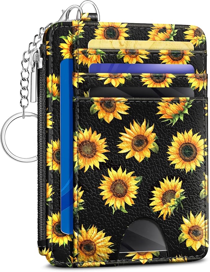Kelvoris Credit Card Holder Small Wallet Women, Slim RFID, Sunflower | Keychain, Zipper Coin Pocket, Front Pocket Thin Travel Card Case, Minimalist, 6 Card Slots, 1 ID Window, Ladies Gifts Woman