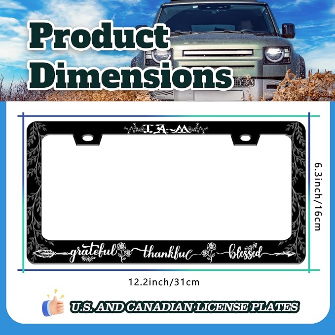 Grateful Thankful Blessed License Plate Frame Stainless Steel 6 X 12 Inch | Fits US Standard With Screws Rust Resistant For Car Front Rear Decoration Accessories Easy Installation For Cars SUV Truck
