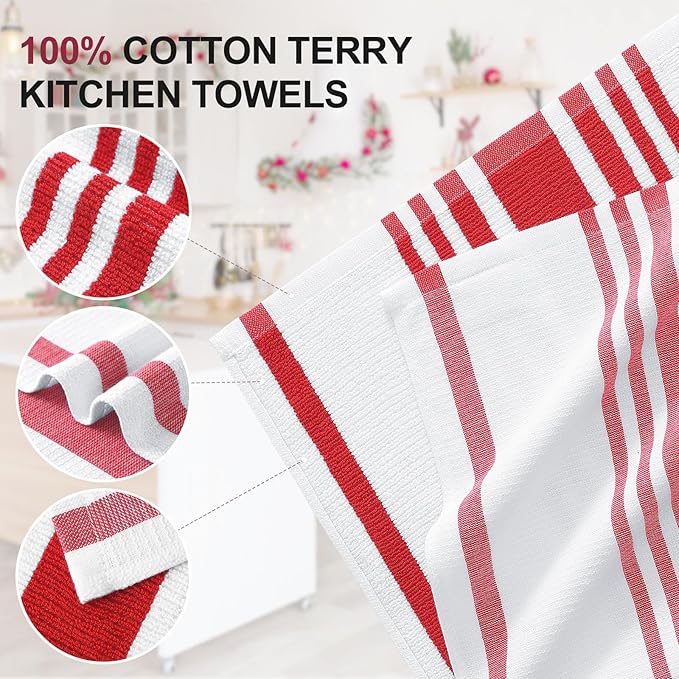 Homaxy Premium Kitchen Towels 18”x 28”, Large Cotton 380 GSM Kitchen Hand Towels, Stripe and Terry Dish Towel, Highly Absorbent Tea Towel Set with Hanging Loop, 6 Pack, Red