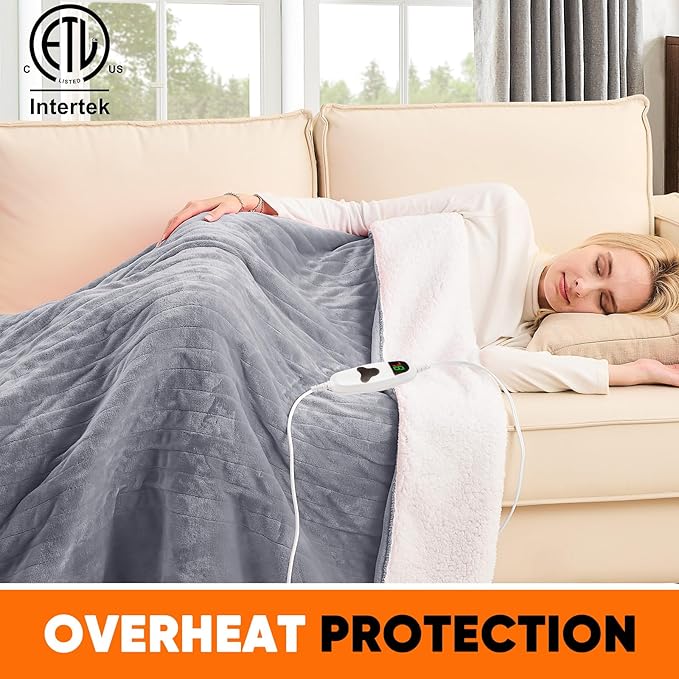 greenoak Heated Blanket Electric Throw 50"X60", Heating Blanket with 10 Heat Levels 1/2/4/6/8 Hours Auto-Off,Fleece Soft Sherpa Blanket,Gifts for Grandma Mom Seniors, Misty Grey