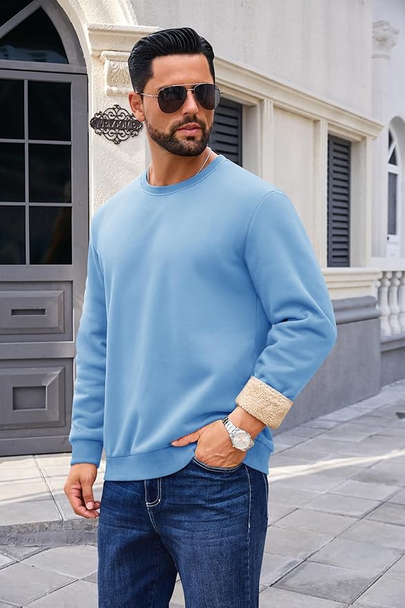 Boladeci Men's Full Sherpa Lined Crewneck Sweatshirts Heavy-weight Fleece Pullover Thick Thermal Long Sleeve Cotton