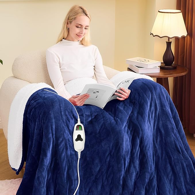 greenoak Heated Blanket Electric Twin 62"X84", Heating Blanket with 10 Heat Levels 1/2/4/6/8 Hours Auto-Off, Soft Flannel Sherpa Warm Heater Christmas Blanket, Sea Blue