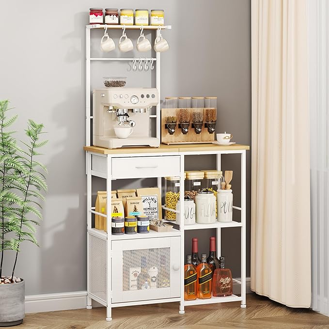 SWTYMIKI Coffee Bar with Hanging Rack - Farmhouse Coffee Stand Station Multi-Purpose Buffet Sideboard Cabinet with Drawers - Kitchen Bar Table for Living Room, Corner, Small Space, Natural