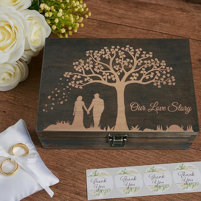 Engraved Wedding Memory Box – Wooden Keepsake Box for Bride & Groom, Marriage Vows, or First Anniversary – Medium Size – Dark Walnut – 8.5 x 6 x 3 in