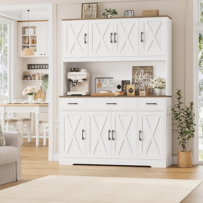 HOSTACK 71" Large Pantry Cabinet with Charging Station, 55" Wide Kitchen Pantry Storage Cabinet with Countertop, Tall Kitchen Hutch with Drawers and Power Outlet for Dining Room, White