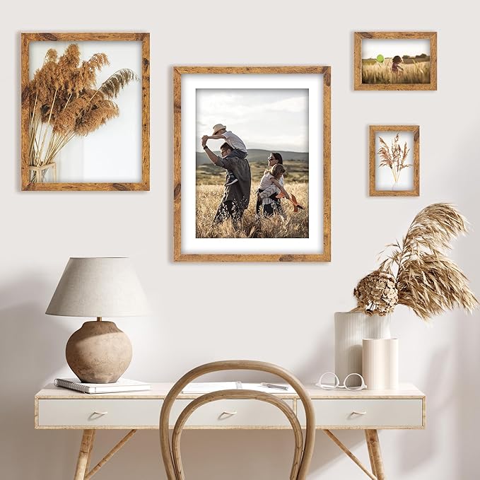 TWING 11x14 Picture Frames Set of 6,Display Photos 8x10 with Mat or 11x14 without Mat,Home Decorative Wall Gallery Picture Photo Frame Wood Brown,Walnut