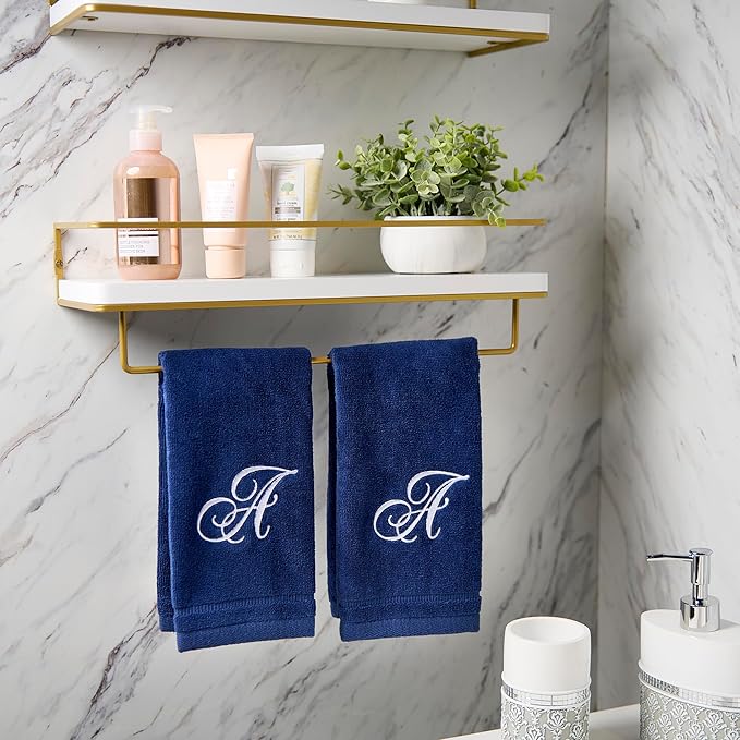 Creative Scents Navy Blue Monogrammed Towels with Initials - 4 Pack Super Absorbent Bathroom Fingertip Cotton Towel with Soft Velour Finish - Personalized Gifts for Freinds & Family 11"x18" Initial T