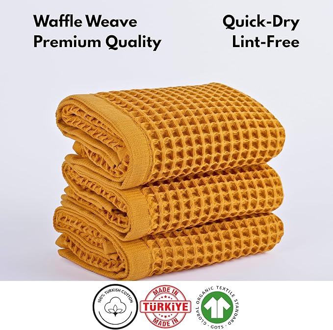 PÜSKÜL - Set of 3 Organic Waffle Hand Towel Mustard - Premium Quality, 100% Turkish Cotton, Soft, Quick-Dry, Absorbent, Lint-Free Face Kitchen Hand Towels (Mustard Yellow, Hand Towels - Pack of 3)