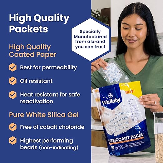 Wallaby 5 gram (100 Packets) Food Safe Pure White Silica Gel Desiccant Dehumidifier Packs - Rechargeable & Coated Moisture Absorbers - Protects Against Moisture Damage - (Packed in 20x Sets of 5)