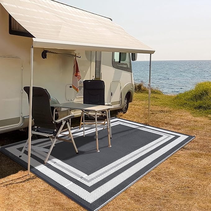 Waterproof Plastic Straw Outdoor Rug 9x18 Patio Reversible UV Resistant Foldable Camping Carpet Modern Border Large Outdoor Rugs for Deck, Picnic, Porch, Camper, Balcony, Beach，Grey/White