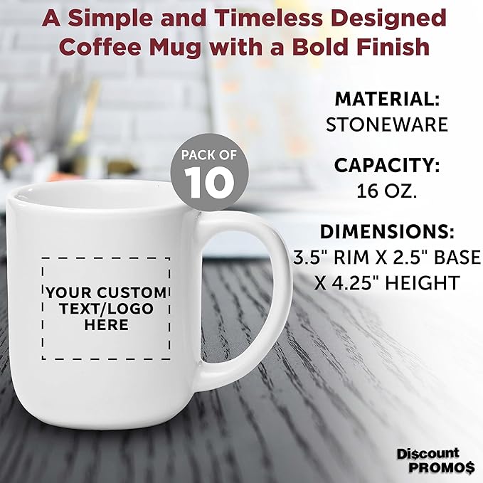 DISCOUNT PROMOS Custom Vibrant Color Glossy Ceramic Mugs 16 oz. Set of 10, Personalized Bulk Pack - Perfect for Tea, Espresso, Cappuccino, Hot Cocoa - White