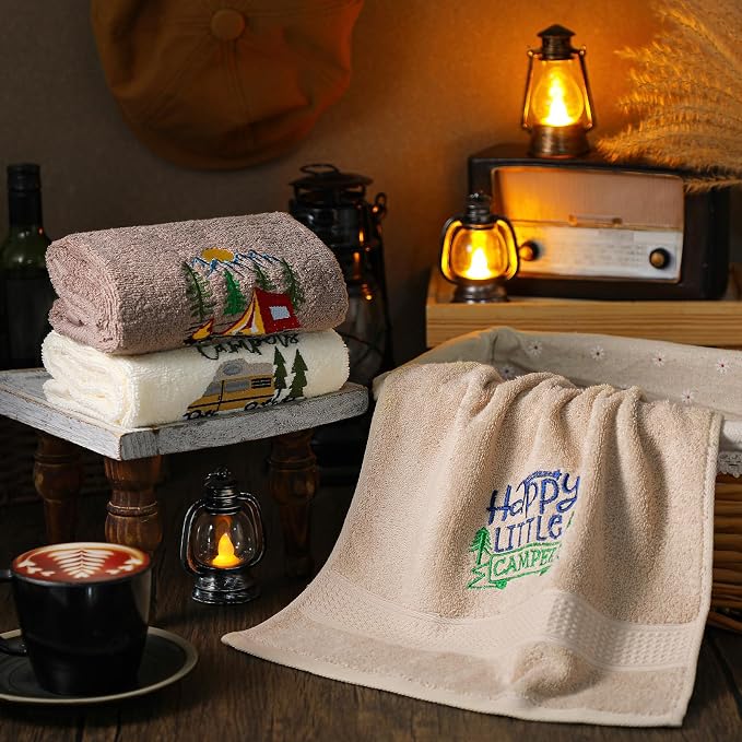 3 Pcs Camping Themed Hand Towels for Bathroom 14 x 29 Inch Embroidered Decorative RV Hand Towels 100% Cotton Farmhouse Campers Bathroom Decor