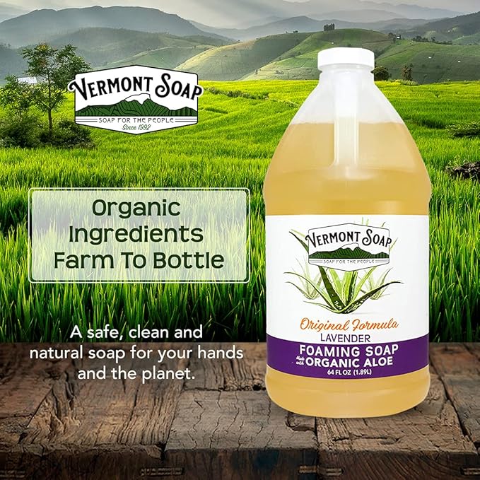 VERMONT SOAP Organic Lavender Foaming Hand Soap - Natural Moisturizing Soap for Dry Skin - Fragrance Free Liquid Bathroom Hand Soap - Lavender- 64 oz