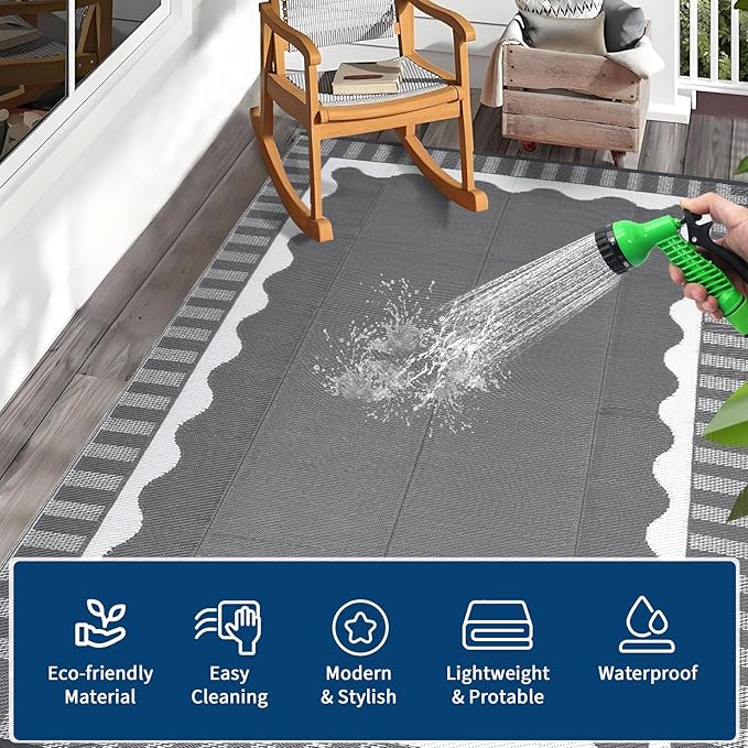 Waterproof Plastic Straw Outdoor Rug 9x18 Patio Reversible UV Resistant Foldable Camping Carpet Scalloped Border Large Outdoor Rugs for Deck, Picnic, Porch, Camper, Balcony, Beach，Grey