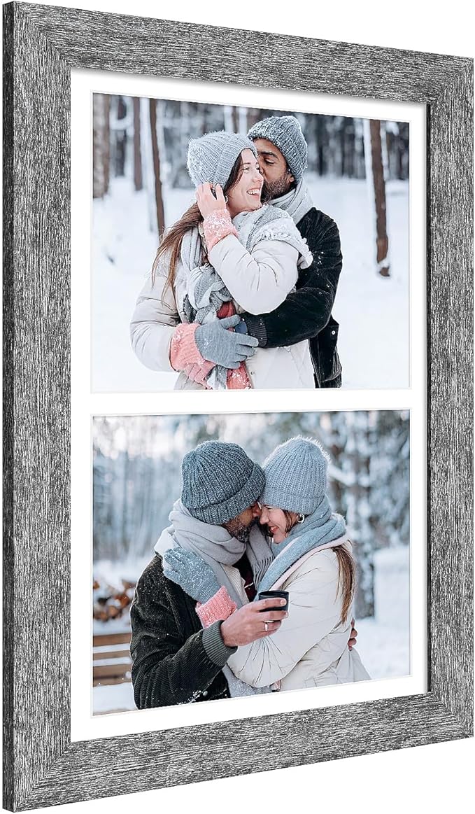 11x17 Picture Frame Display 2 opening 8X10 Double Picture Frame Collage,Multi Photo Frame with Mat,Plexiglass,Wall Mount Decor,Grey Wood Grain