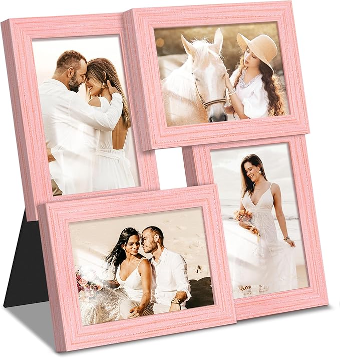 4x6 Collage Picture Frame Tempered Glass Front, Displays Four 4x6 Photo, Family Photo Collage Frame, Wall Decor Wall Hanging or Tabletop, Pink