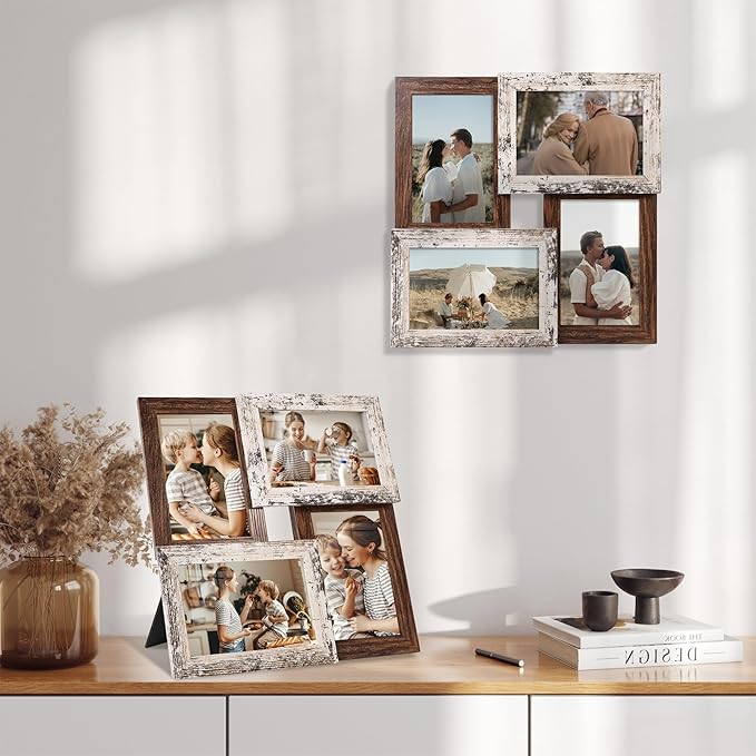 4x6 Collage Picture Frames, Multi Family Photo Frame with Real Glass, Displays Four 4x6 Photo, Wall Decor Wall Hanging or Tabletop, Distressed White+Rustic Brown