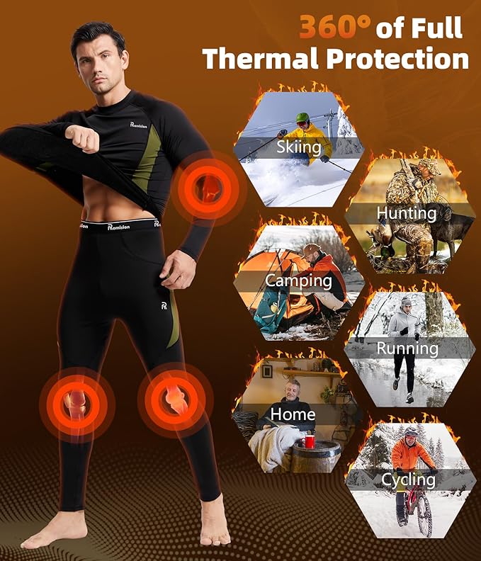romision 2 Pack Thermal Underwear for Men Long Johns Fleece Lined Hunting Gear Bottom Top Set Base Layer Cold Weather XS-4XL