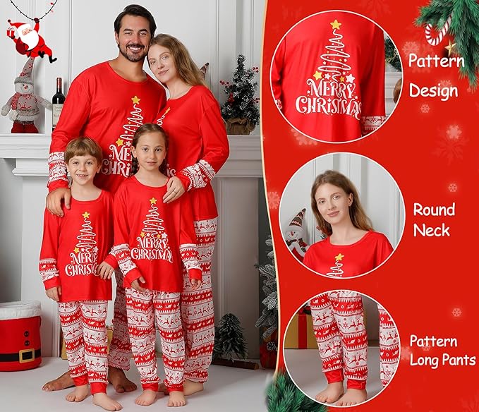Family Christmas PJs Matching Sets, Cute Holiday Pajamas Printed Top and Pants, Xmas Jammies for Couples/Men/Women
