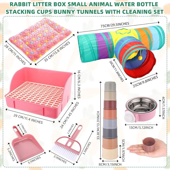 34 Pcs Rabbit Starter Kit Rabbit Litter Box Small Animal Water Bottle Cups Bunny Tunnels Animal Grooming Kit Bowl Blanket with Cleaning Set for Guinea Pig Bunny(Style 1,Light Pink)