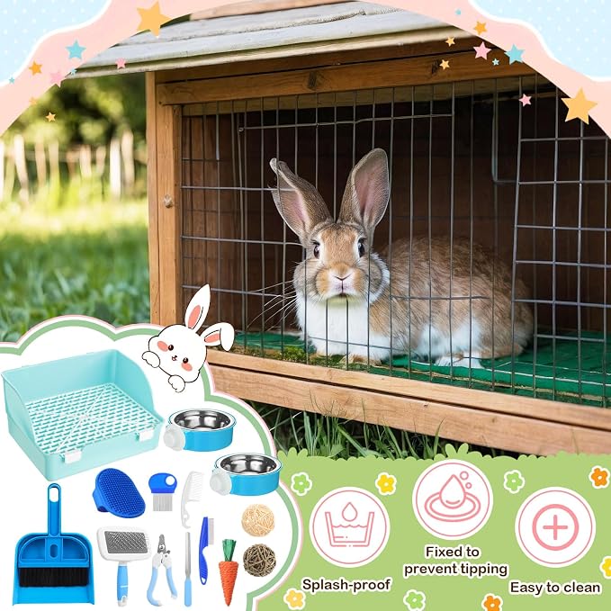 Reallnaive 15 Pcs Rabbit Starter Kit Small Rabbit Litter Box Girls Gift Animal Grooming Kit Bunny Toys Bowl Blankets with Cleaning Set for Guinea Pig Accessories(Sky Blue)