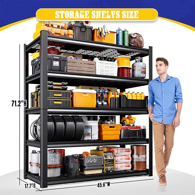 Set of 3 Garage Shelving Heavy Duty Storage Shelves, 5-Tier Adjustable Metal Shelving Unit, Utility Garage Organizer Shelf for Basement, Pantry, Kitchen, Warehouse,17.7" D x 45.6" W x 71.2" H