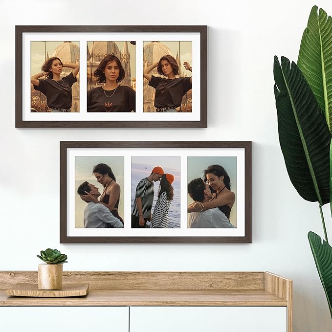 8x16 Collage Picture Frame,5x7 Collage Picture Frame Displays Three 5x7 inch Photos, or 8x16 (Without Mat) for Available Horizontal Wall Mounting Display and Vertical, Walnut.