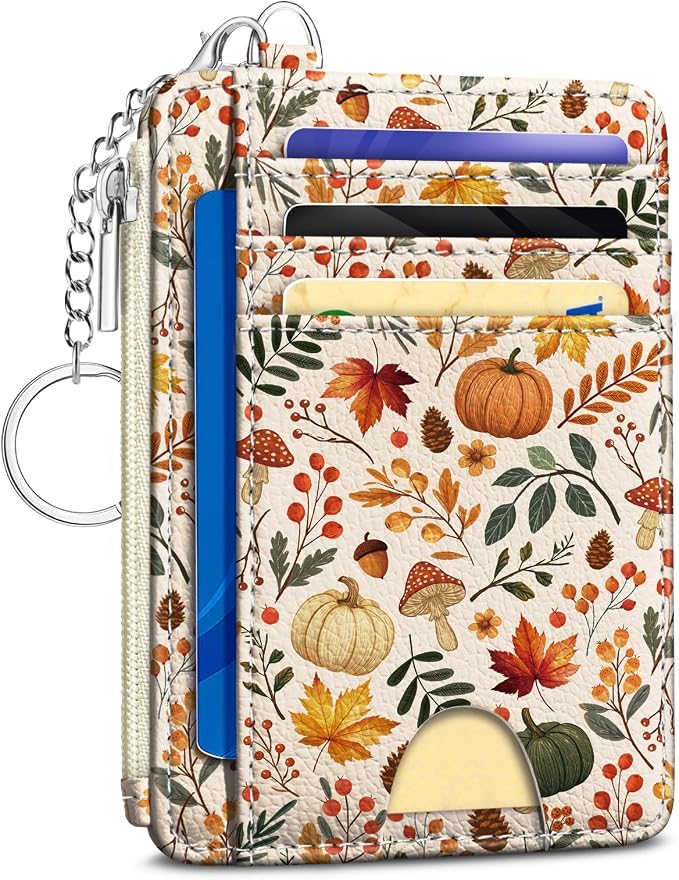 Kelvoris Credit Card Holder Small Wallet Women, Slim RFID, Fall Leaf | Keychain, Zipper Coin Pocket, Front Pocket Thin Travel Card Case, Minimalist, 6 Card Slots, 1 ID Window, Ladies Gifts Woman