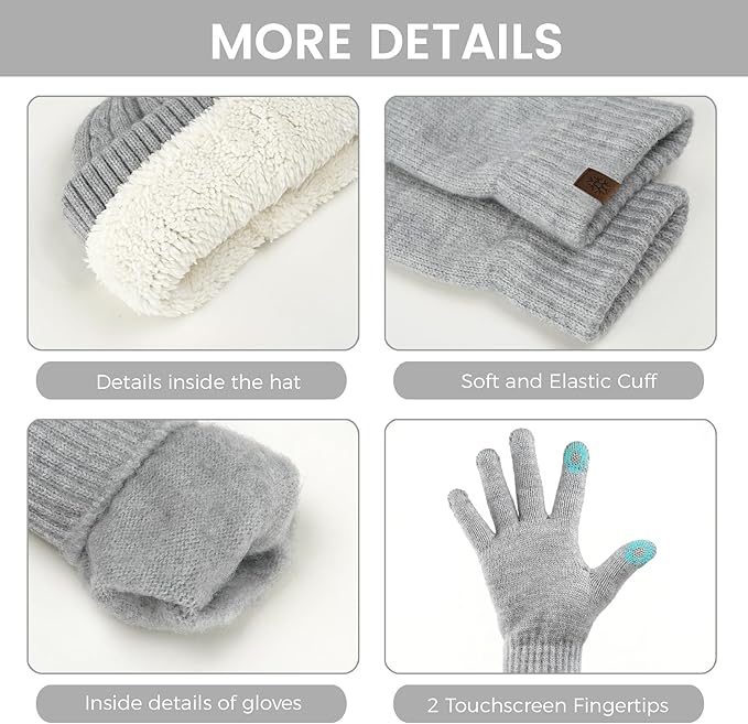 Womens Winter Beanie Hat Scarf Gloves Set, Knit Touch Screen Gloves Long Scarf Skull Caps Fleece Lined Winter Gift