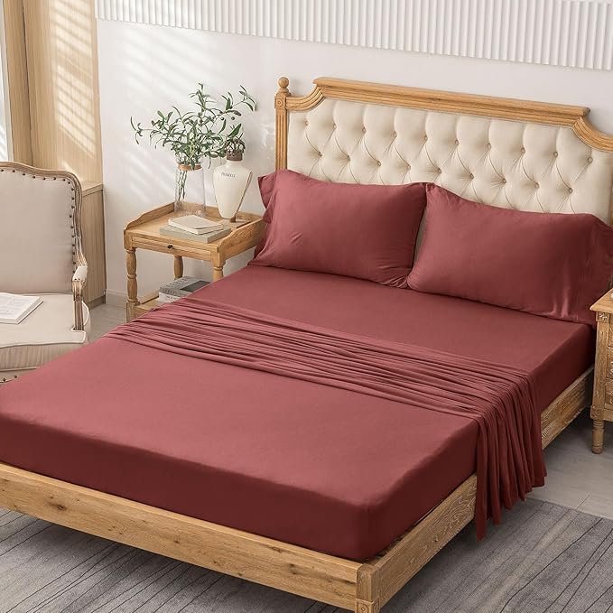 PURE ERA Jersey Knit 4pc Bed Sheet Set 100% T-Shirt Cotton Super Soft Comfy Breathable Fits Mattress Up to 20" Extra Deep Pocket (Solid Brick Red, King)
