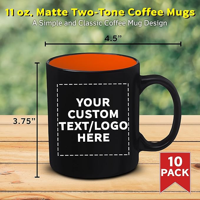 DISCOUNT PROMOS 10 Matte Two-Tone Coffee Mugs Set, 11 oz. - Customizable Text, Logo - Stoneware, Drinkware, Durable, C-handle - Orange