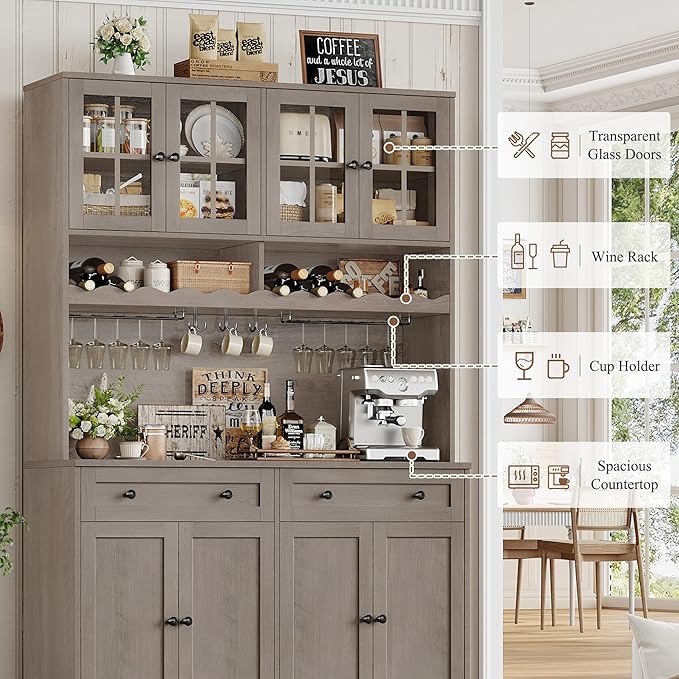 HOSTACK 75.4" Tall Kitchen Pantry Cabinet with Charging Station, Modern White Kitchen Hutch with Microwave Stand and Wine Rack, Large Food Pantry Storage Cabinet with Glass Doors and Drawers, Ash Gray
