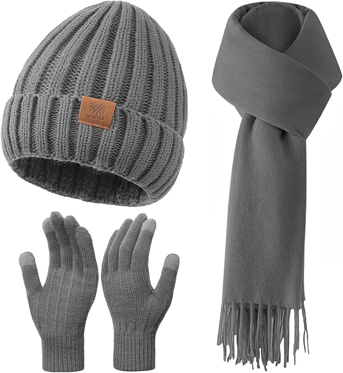 Women Winter Hat Beanie+Long Scarf+Touch Screen Gloves Set, Warm Clothes Set with Knit Fleece Lined for Women/Men Winter