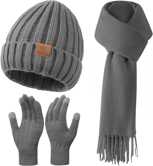 Women Winter Hat Beanie+Long Scarf+Touch Screen Gloves Set, Warm Clothes Set with Knit Fleece Lined for Women/Men Winter