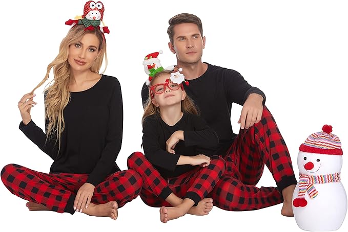 Ekouaer Family Matching Pajamas Christmas Sleepwear Long Sleeve Sleep Shirt with Plaid Pants Soft Loungewear Pjs Set S-XXL