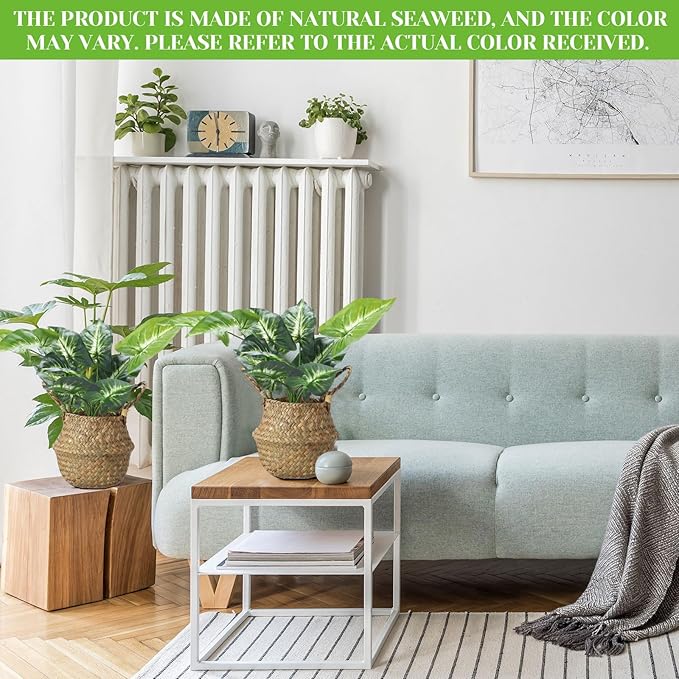 Qunclay 4 Pcs Woven Seagrass Baskets Belly Basket Folding Boho Natural Plant Pot with Handles Round Decorative Wicker Large Indoor Planter for Home Outdoor Tree Planters Decor (6.3 x 5.9 Inch)