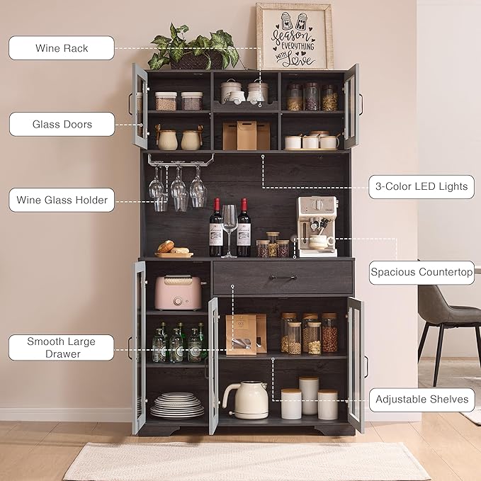 Fatmok 71" Pantry Cabinet with Wine Rack and Charging Station, Set of 2 Tall Coffee Bar Cabinets with LED Lights, Drawer, Adjustable Shelves, Kitchen Hutch Storage, Grey