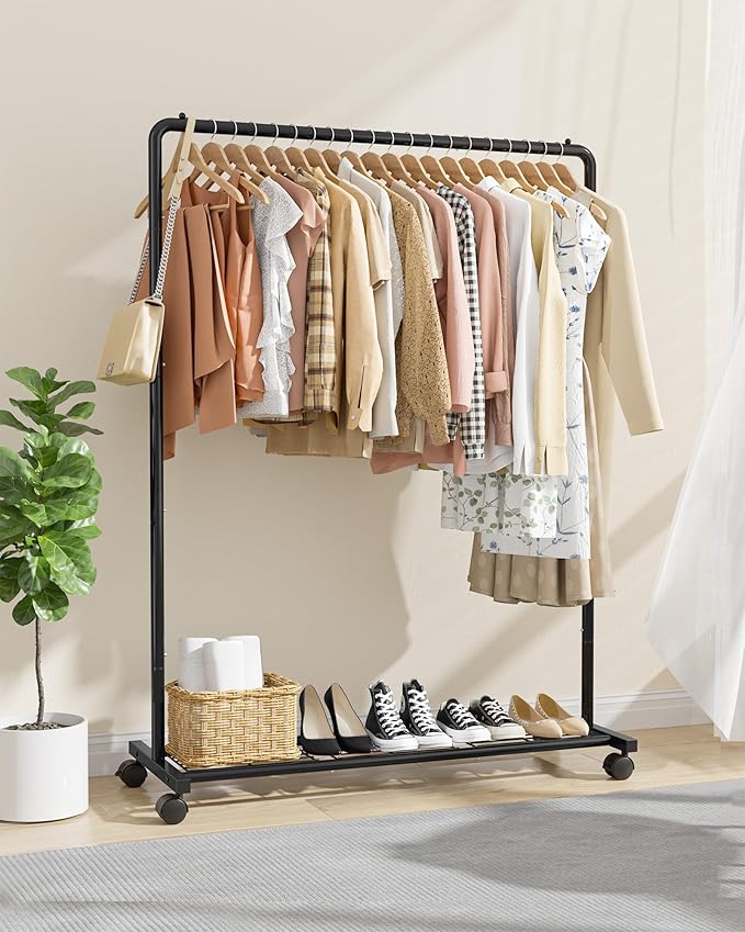 Clothes Rack - Clothing Rack with Storage Mesh Shelf & Casters, Heavy-Duty Metal Clothing Rack for Hanging Clothes, Dresses, Coats, Large Load Capacity, Easy Assembly, Black, 44.3"x16.9"x59.0"