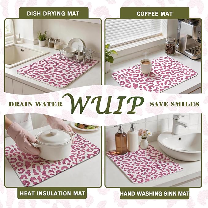 Pink Cheetah Print Dish Drying Mats for Kitchen Counter, Retro Funky Pink Cheetah Absorbent Reversible Coffee Bar Mat Drying Pad for Leopard Print Kitchen Decor, 12x15 Inch
