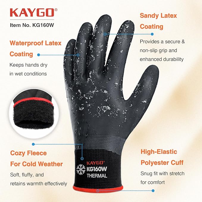 KAYGO Winter Waterproof Work Gloves for Men and Women, 3 Pairs Thermal Insulated Freezer Rubber Coated Gloves,Super Grip,KG160 (XL, Black)