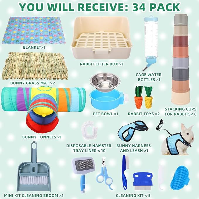 34 Pcs Rabbit Starter Kit Rabbit Litter Box Small Animal Water Bottle Cups Bunny Tunnels Animal Grooming Kit Bowl Blanket with Cleaning Set for Guinea Pig Bunny Accessories(Style 1,Blue)